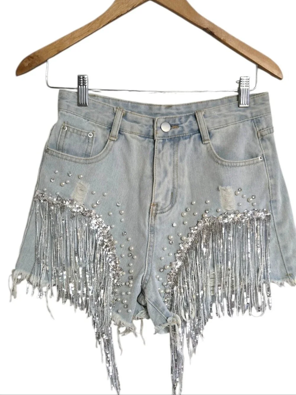 Denim Rhinestone Sequin Fringe Pearl Shorts Blue Size Large Festival